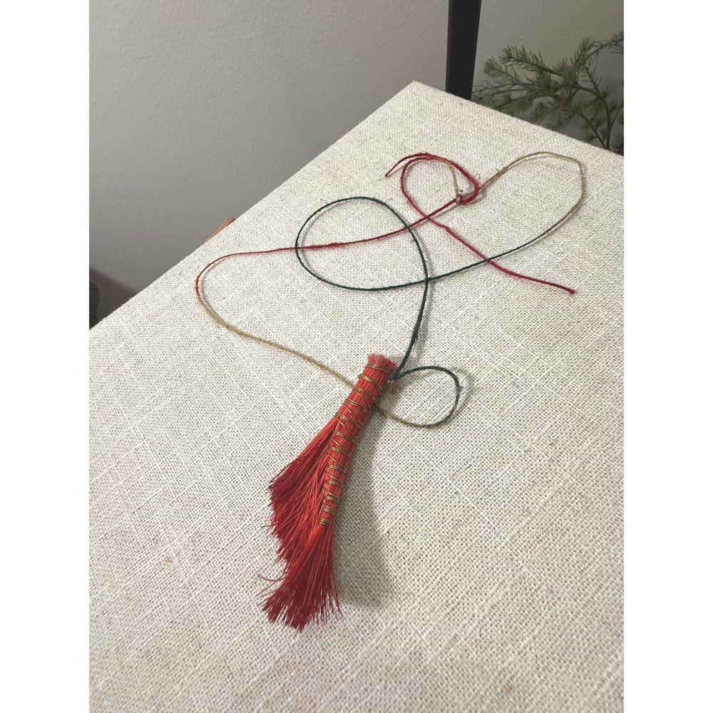 Handcrafted Red Fiber Broom Tassel Necklace Gold Wire Wrap‎ Multi Strand Boho